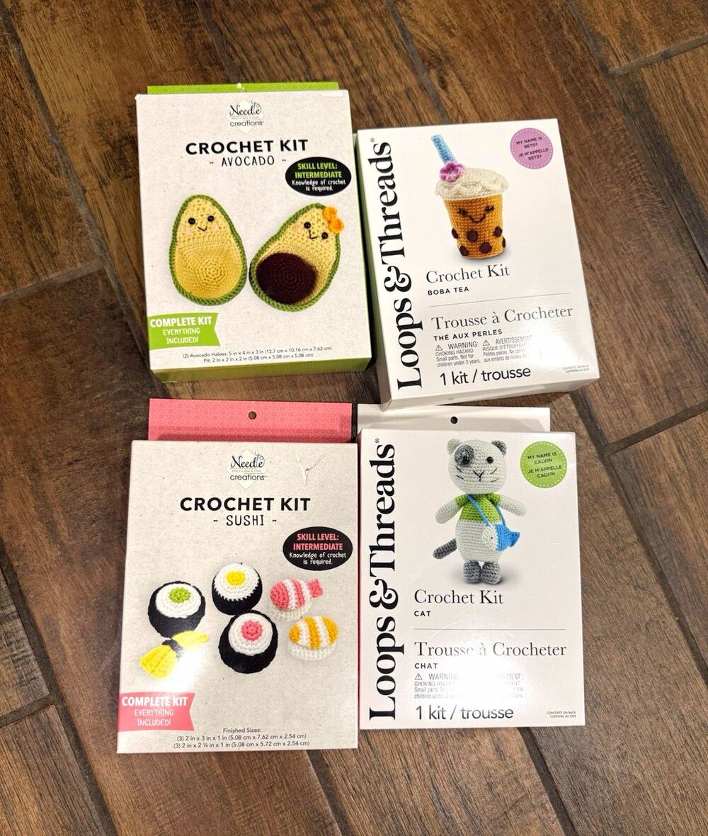 lot of 4 crotchet kits boba tea, avocado, sushi, and cat